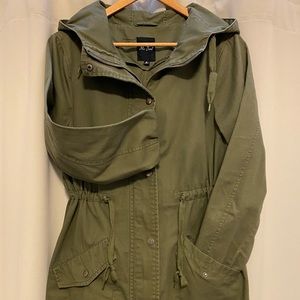 Army green, military style, hooded, lightweight jacket